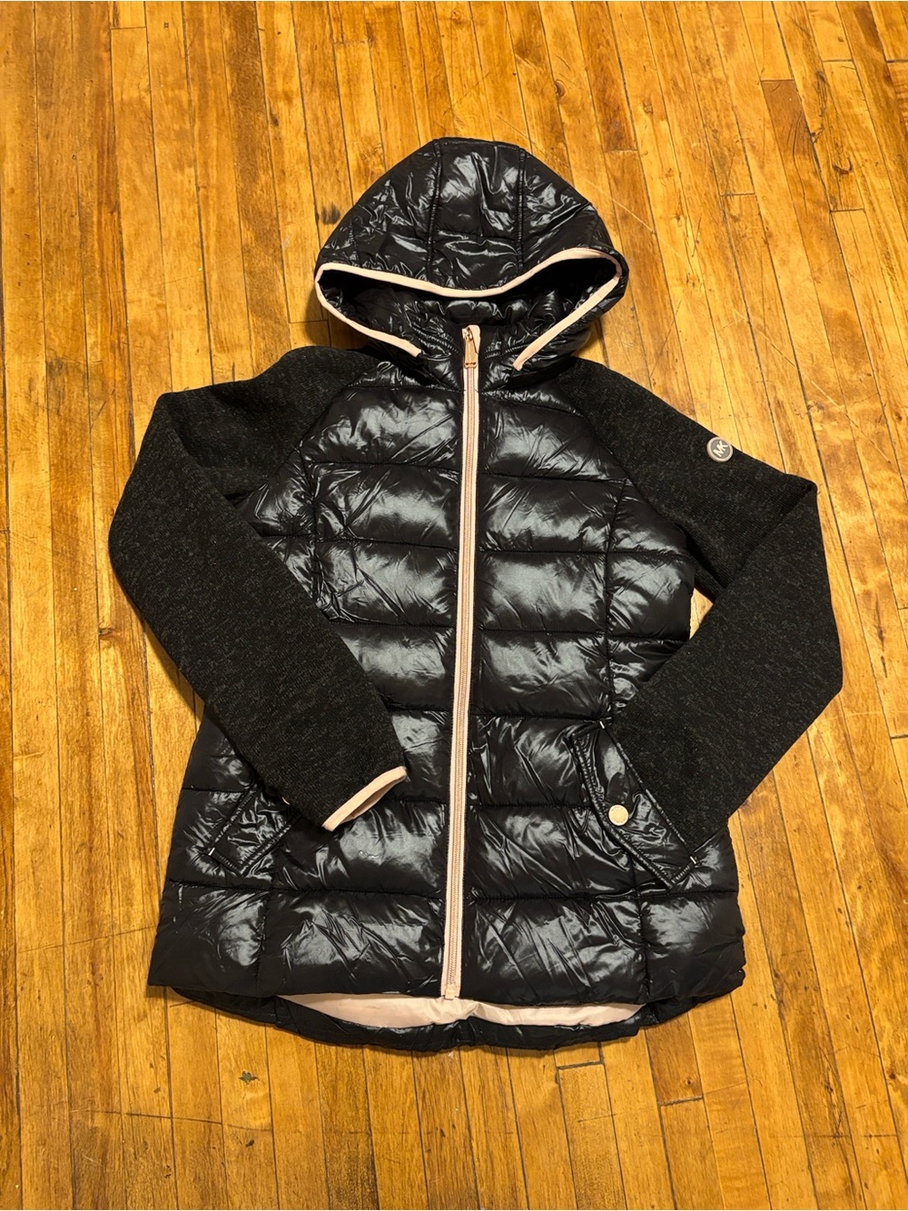 Michael Kors Black Quilted Hooded Puffer with Light Pink Trim